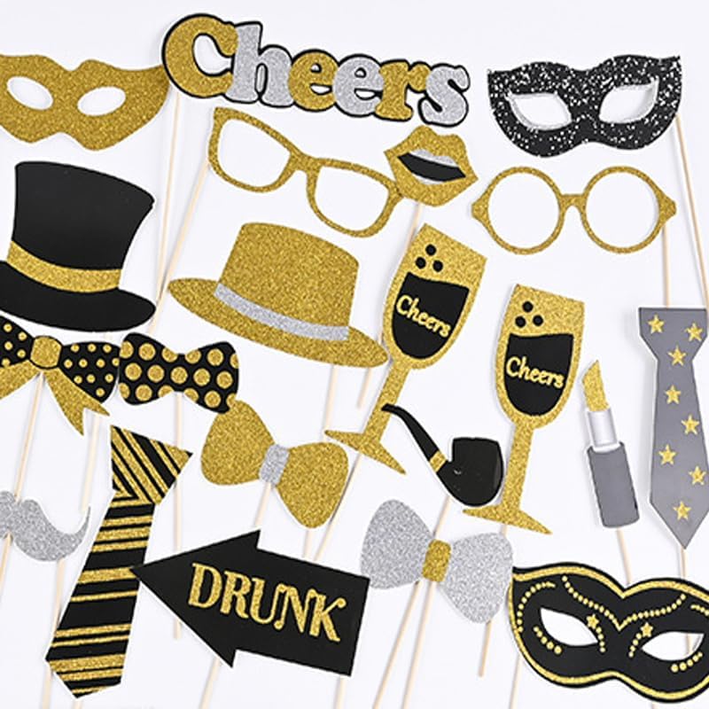 30 Pieces Black Golden Photo Booth Props for Birthday Wedding New Year Party,Mix of Hats, Mask, Lipstick, Tie, Crowns and More Funny Selfie Props