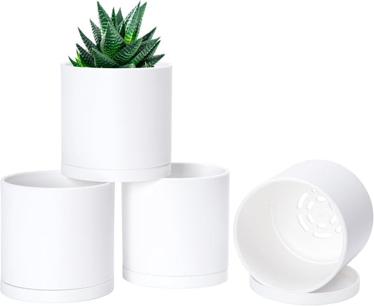 D'vine Dev 4 Pack 4 Inch Modern Plastic Plant Pots, Small Garden Planters for Plant with Drainage Holes and Saucers, White Color, 74-Z-E-2