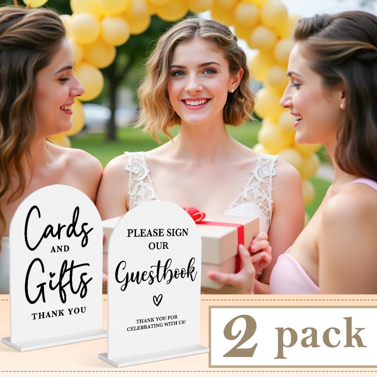 2 Pcs Acrylic Wedding Signs for Ceremony and Reception, Bridal Shower Decorations, Cards and Gifts Signs, Guest Book Sign, Arch Acrylic Table Top Sign with Holder for Wedding Reception (White)