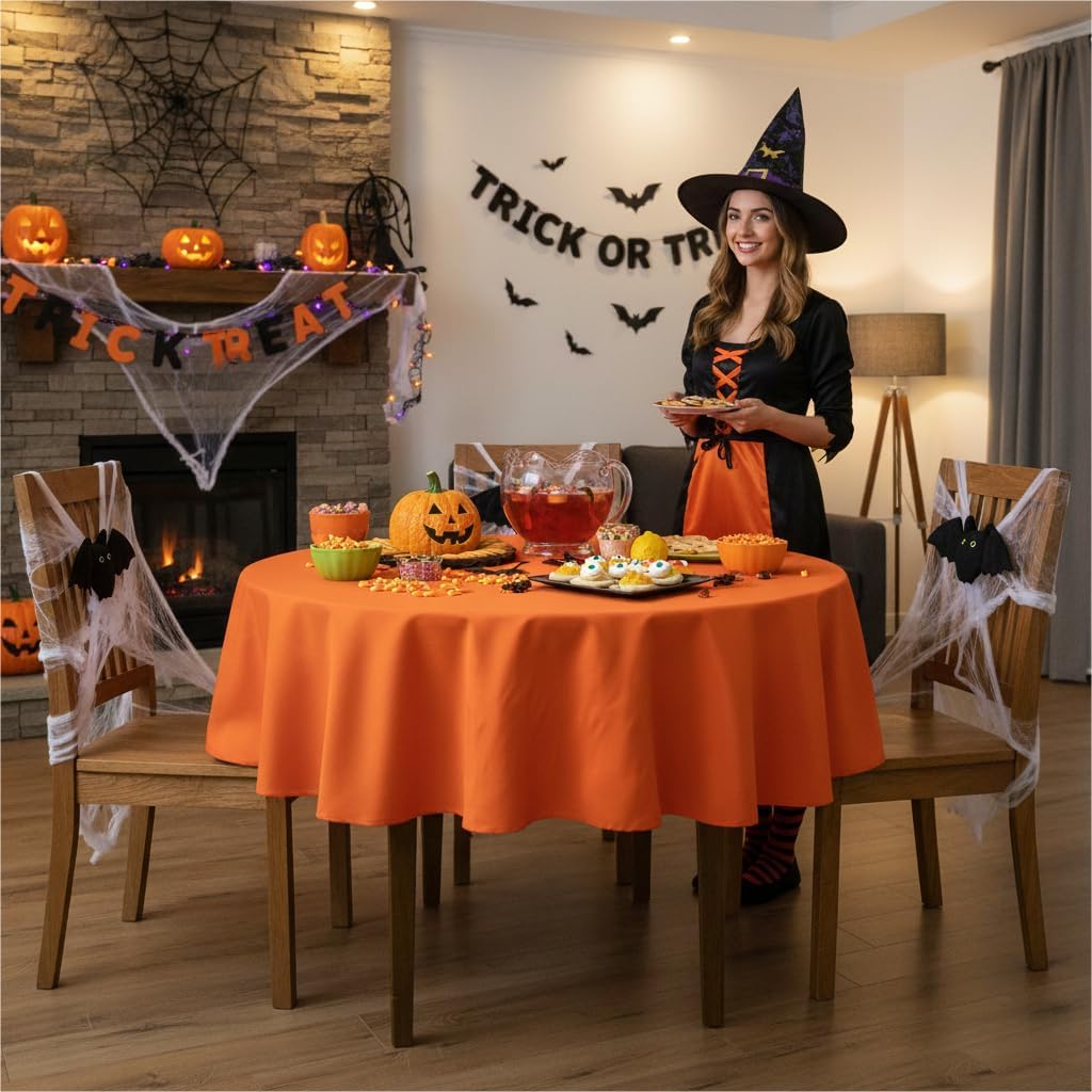 sancua Round Tablecloth - 60 Inch - Water Resistant Spill Proof Washable Polyester Table Cloth Decorative Fabric Table Cover for Dining Tables, Buffet Parties and Camping, Orange