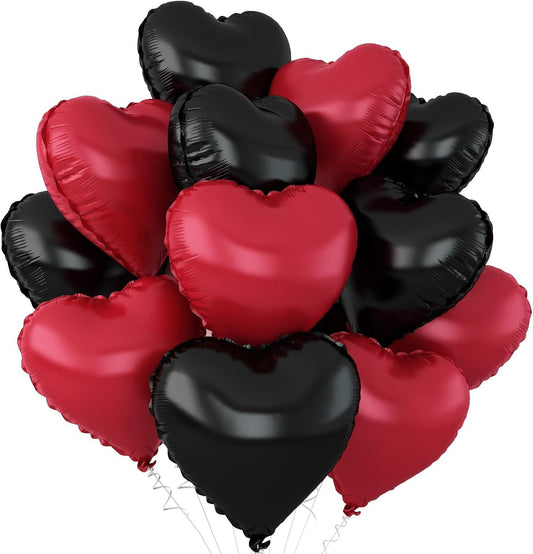 Black Red Heart Balloons,12Pcs 18Inch Black Metallic Red Heart Shaped Foil Helium Polyester Film Balloons for Birthday Anniversary Wedding Engagement Party Decorations