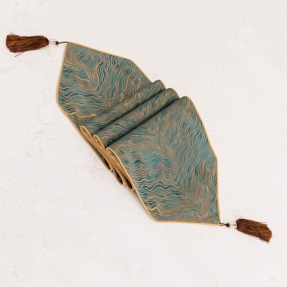 Avigers 12 x 90 Inch Decorative Luxury Abstract Striped Green Teal Table Runners with Tassels for Home Living Room Bedroom Art Decor Wedding