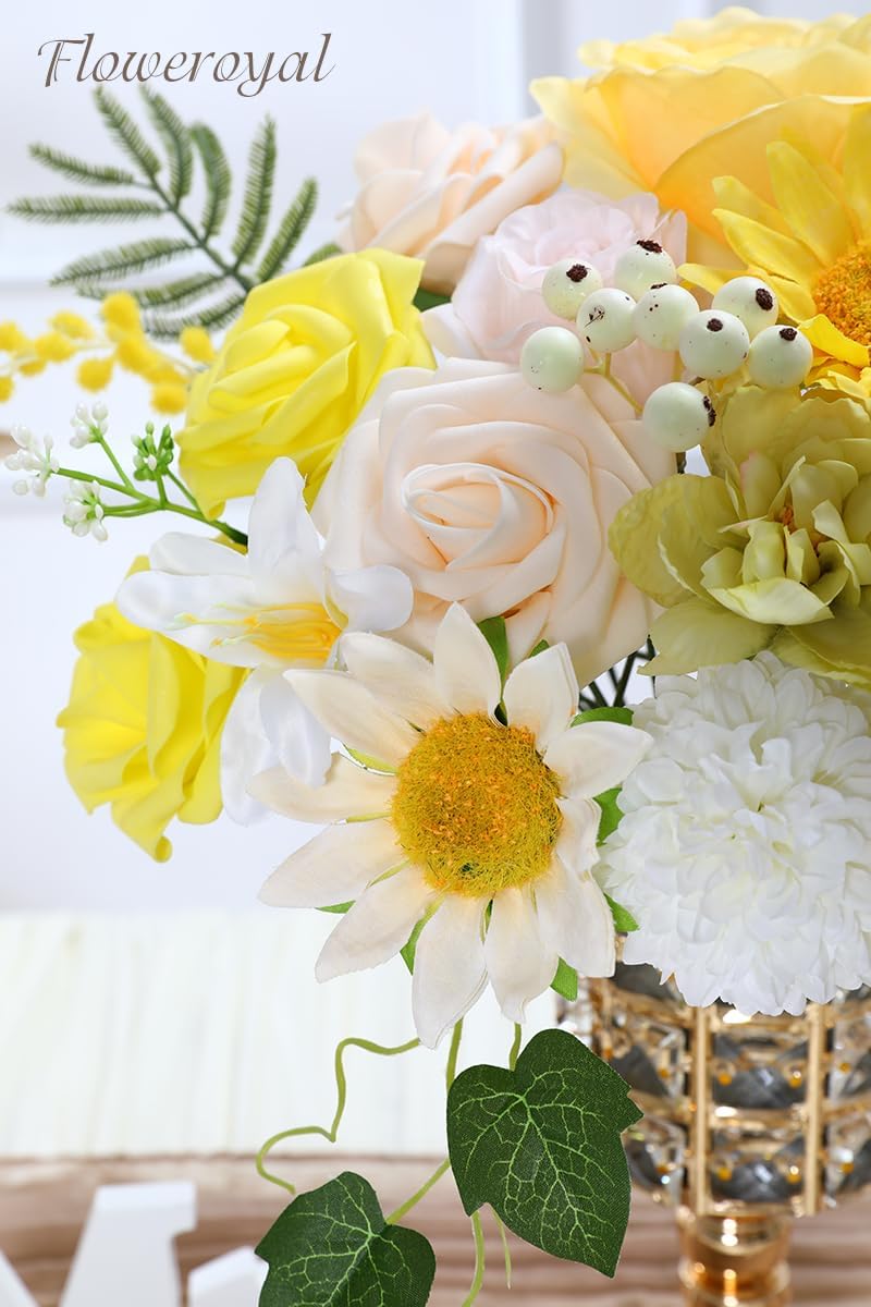 Floweroyal Artificial Flowers Combo Yellow Flowers Mix Silk Flowers Fake Roses with Stems for DIY Wedding Bridal Bouquets, Baby Shower, Floral Arrangement, Table Centerpieces, Home Decorations