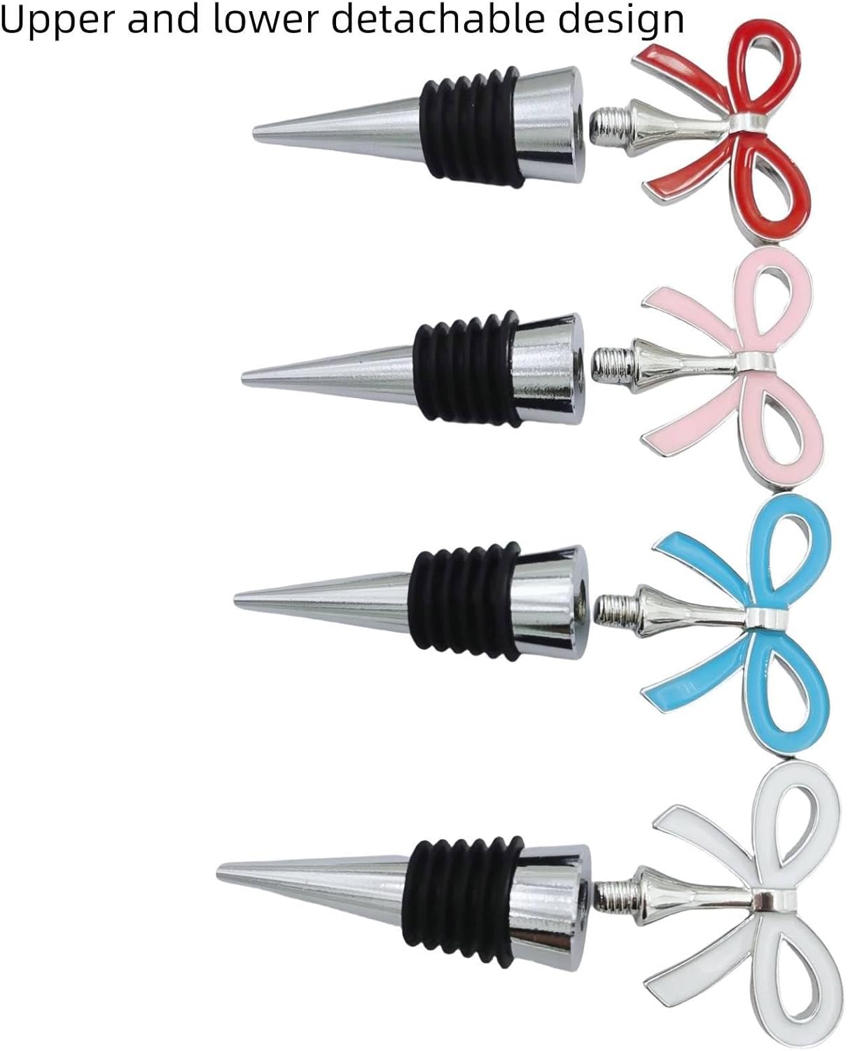 Cute Bow Wine Stopper Set of 4, Decorative Removable Metal Wine Bottle Stopper, Reusable Vacuum Bottle Corks with Silicone for Women, Gift, Christmas, Holiday Party - Silver