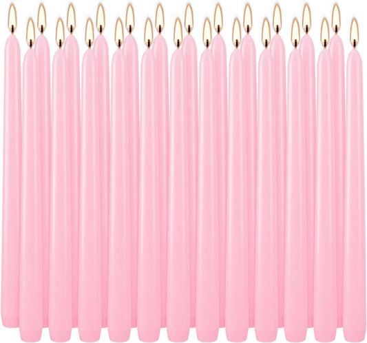24 Pack Pink Taper Candles, 7-8 Hours Burn Time, Unscented, Smokeless and Dripless, 0.75 x 10 Inch Dinner Candle Set for Household, Wedding, Party and Home Décor Candlesticks