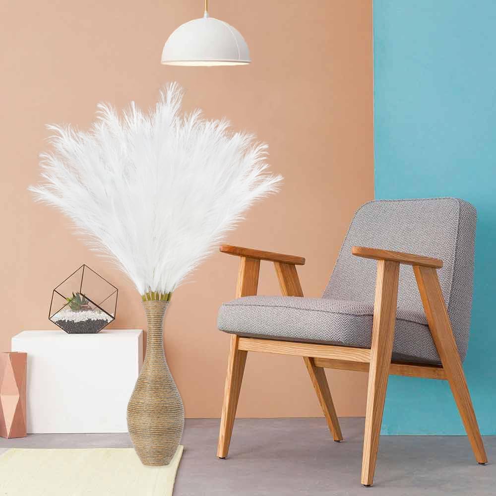 35" Faux Pampas Grass Decor, 8pcs Large Tall Fluffy Artificial Pompous Grass Branches Floral Fake Pompas Grass Bulrush Floor Vase Filler Flower Arrangement for Home Wedding Boho Decor-White