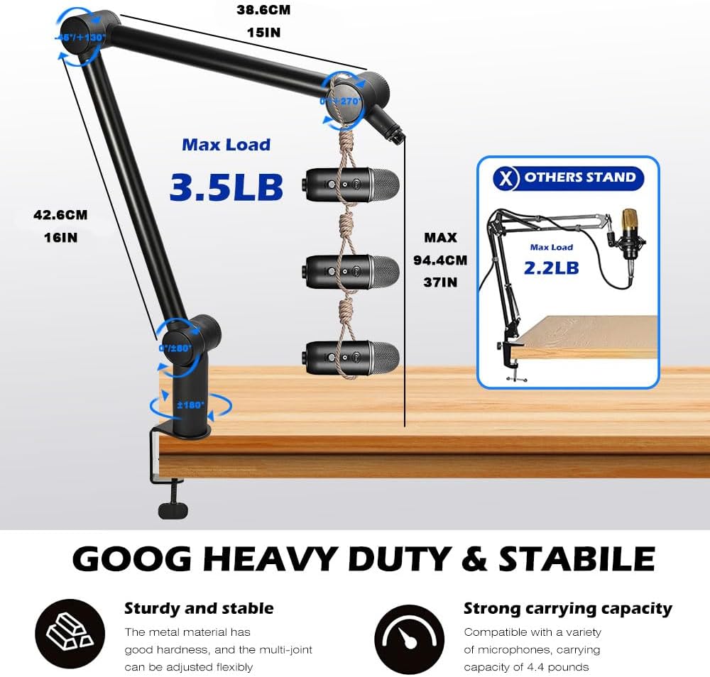 BOMGE Boom Arm Mic Stand - Adjustable Heavy Duty Suspension Boom Scissor Arm Stand with Cable Management Channels, Desk Clamp for Podcasts, Streaming, Gaming, Home Office, Recording (Black)