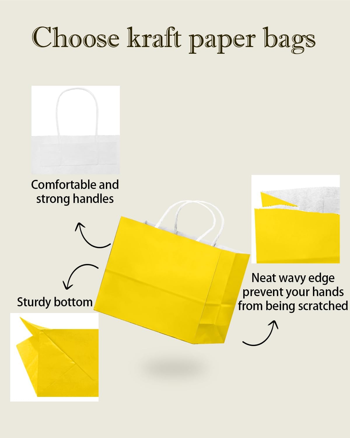 qiqee 100PCS Large Gift Bag with Handles Bulk 13"x4.5"x10" Gift Bags Bright Yellow Multiple Uses (32x11x25cm,Wide Large)