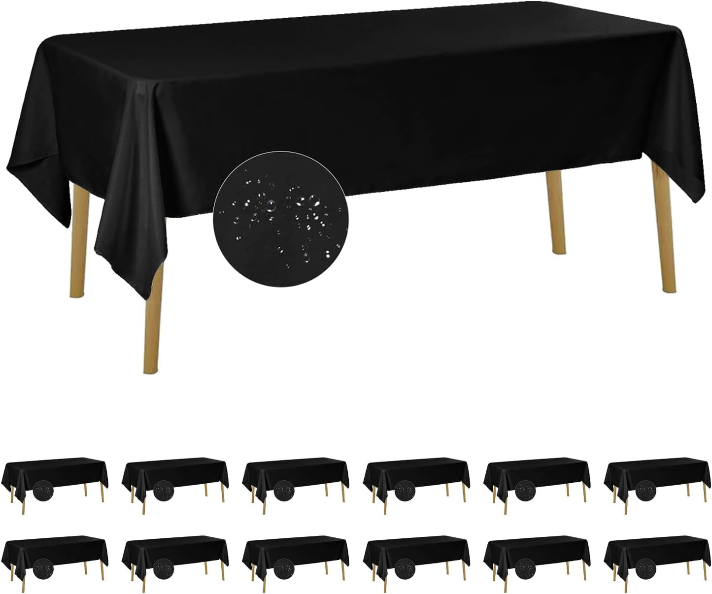 Fokitut 12 Pack Waterproof Rectangle Tablecloth, 60x102 Inch, Stain Resistant and Wrinkle Polyester Table Cloth, Fabric Table Cover for Kitchen Dining, Wedding, Party, Holiday Dinner-Black