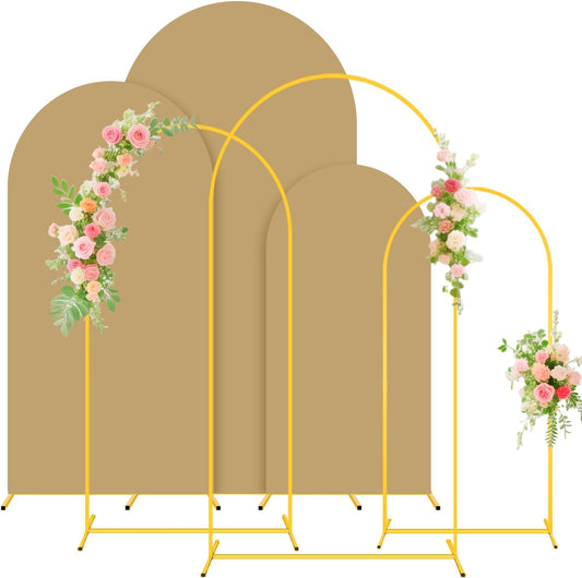 Metal Backdrop Arch Stand Set of 3 with Brown Spandex Arch Covers Stretchy Backdrop 6FT, 5FT, 4FT Stable Balloon Arch Frame Stand Backdrops and Arch Stands Cover for Wedding Ceremony Grad Party Decor