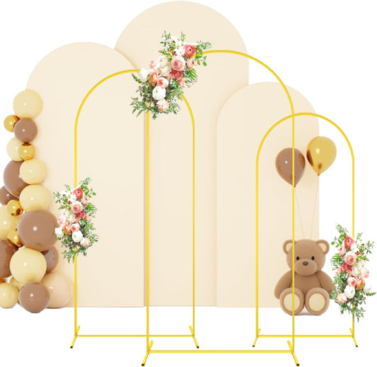 FOTSHARER Wedding Arch Stand and Cover Set of 3 Gold Arch Backdrop Stand with Beige Arch Covers 7.2FT 6.6FT 6FT Background Arch Stand for Garden Arbor Wedding Backdrop Stand Party Anniversary Decor