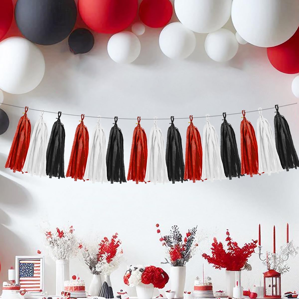 White Red Black Party Decorations - 15Pcs Tissue Paper Tassel Garland Birthday Wedding Graduation Bachelorette Hanging Decor HongTongTong