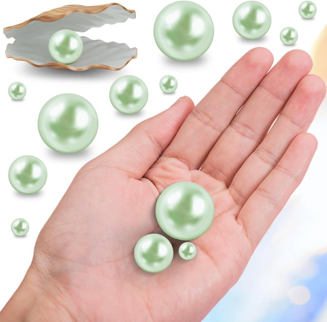 300Pcs Light Green Polished No Hole Faux Pearl Beads for Vase Filling Decorations, Plastic Pearls Vase Fillers, Table Scatters, Wedding Centerpiece, Home Decor, 8/14/20 mm
