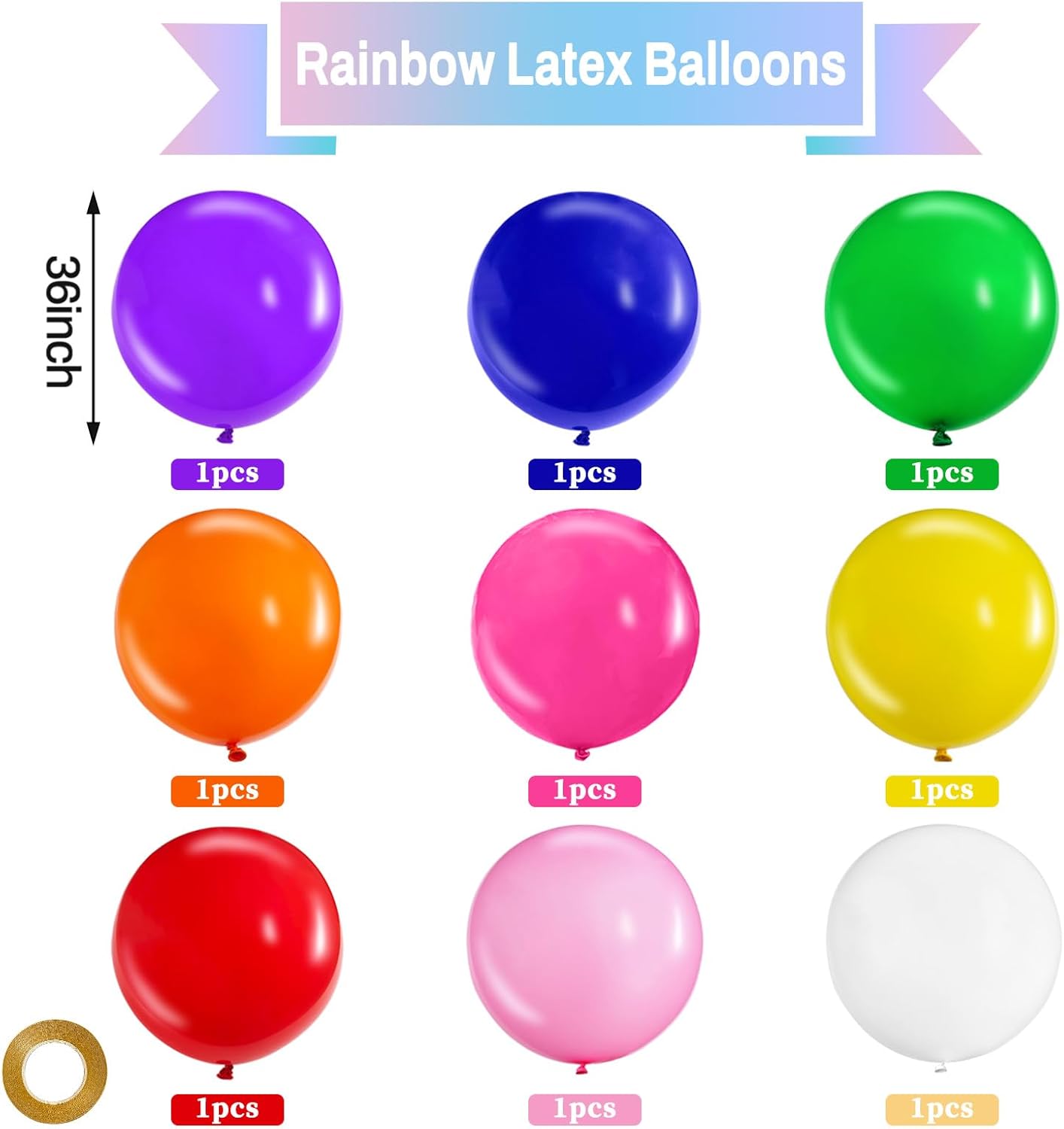 KAWKALSH Assorted Rainbow Giant Balloons 36 Inch, 9pcs Jumbo Multicolor Large Round Latex Balloon for Birthday Baby Shower Wedding Party Decorations