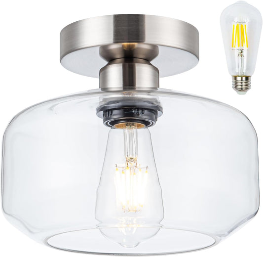 Semi Flush Mount Ceiling Light Fixture - Clear Glass & Brushed Nickel Base with 900 Lumen LED - Modern Kitchen Lighting Fixtures for Bathroom Hallway Entryway