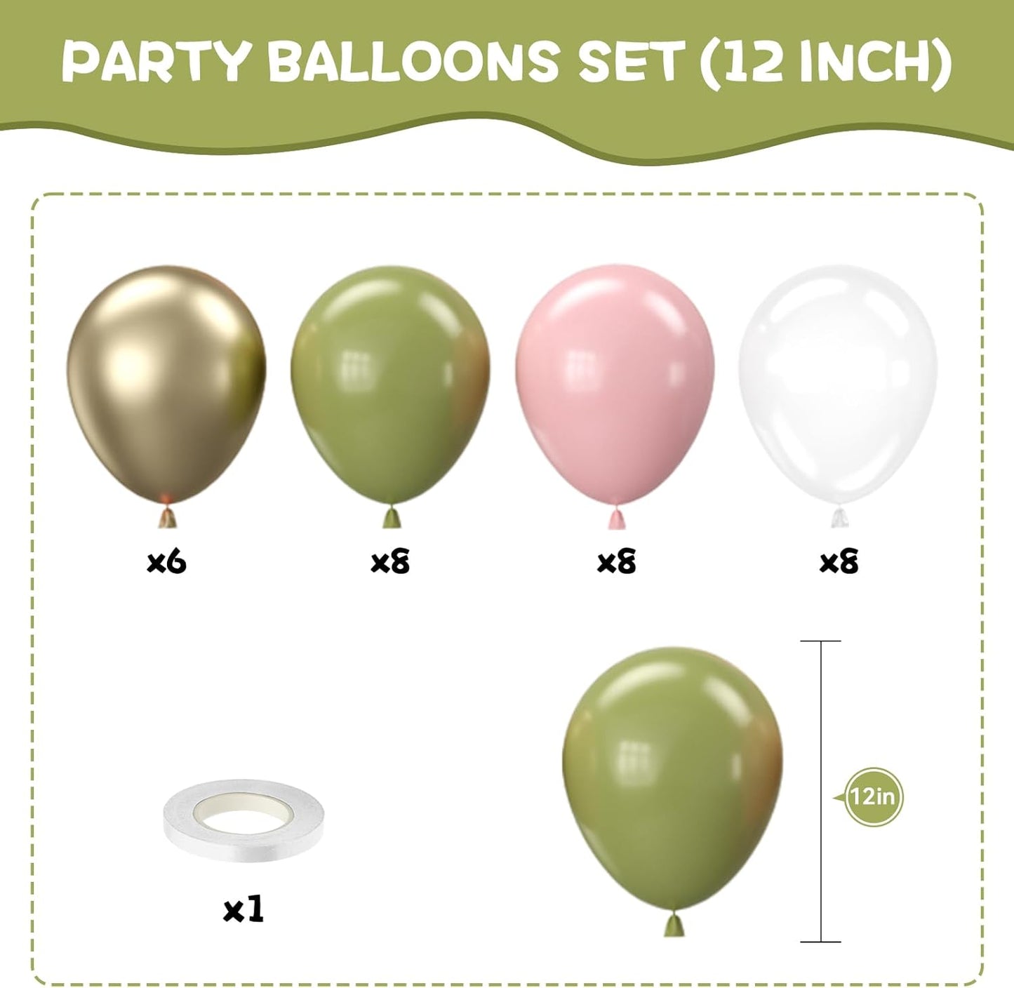Retro Sage Green and Pink Balloons, 12 inch Metallic Gold Olive Green Pink Clear Latex Balloon for Jungle Safari, Christmas, Nutcracker, Woodland, Birthday Party Decoration