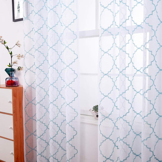 Embroidery Sheer Curtains Blue 95 Inches Long, Window Treatments Rod Pocket Drapes for Living room, Bedroom, Moroccan Design Crinkle Voile Curtain Panels for Yard, Villa, Parlor, Set of 2, 52"x 95".