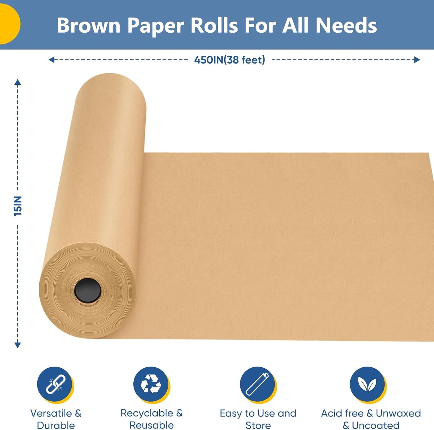 Brown Wrapping Paper, Kraft Paper Roll, Craft Decorative Paper 15" x 450", Packing Paper for Moving Shipping Supplies, Poster Bulletin Board Paper Roll, Father Day Bouquet Flower Arts Crafts Gift Wrap