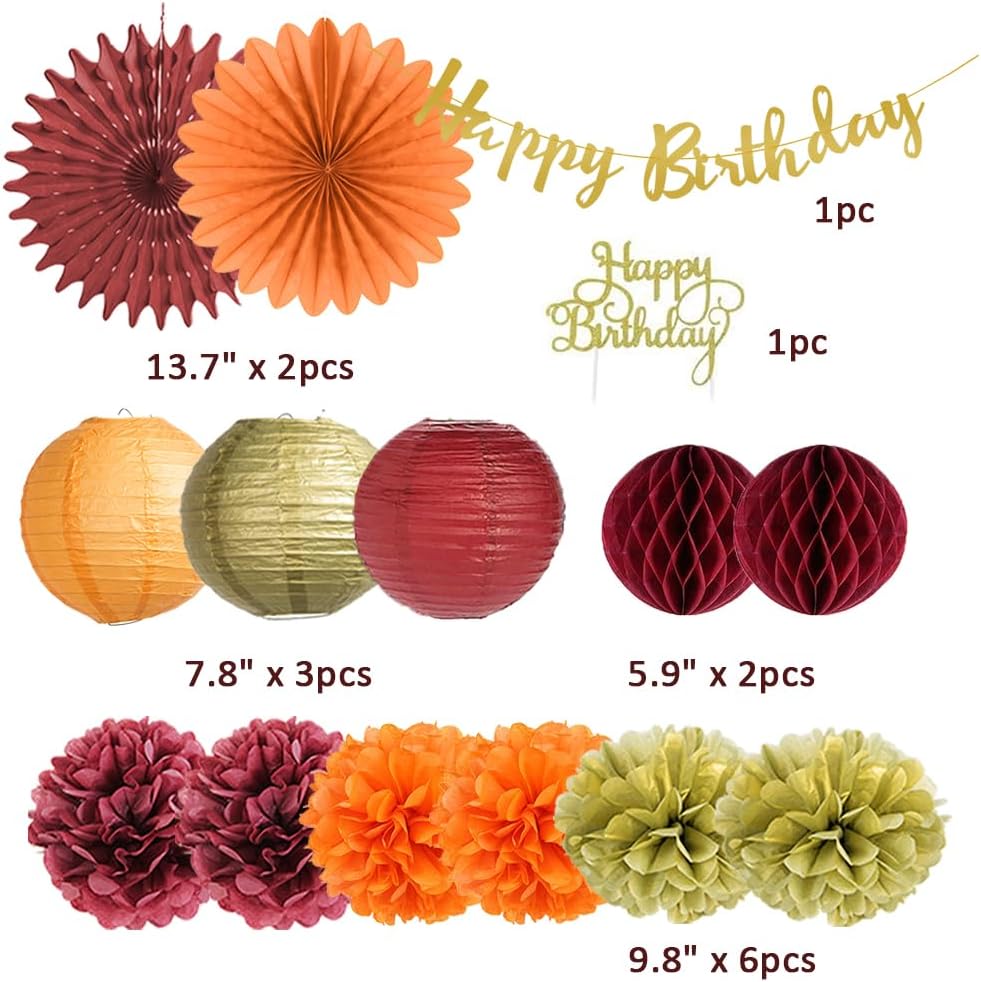Fall Birthday Decorations Burgundy and Orange Party Decorations Pom Poms Flowers Paper Lanterns Fans Autumn Burgundy Birthday Decorations with Happy Birthday Banner Cake Topper Gold for Women Girls