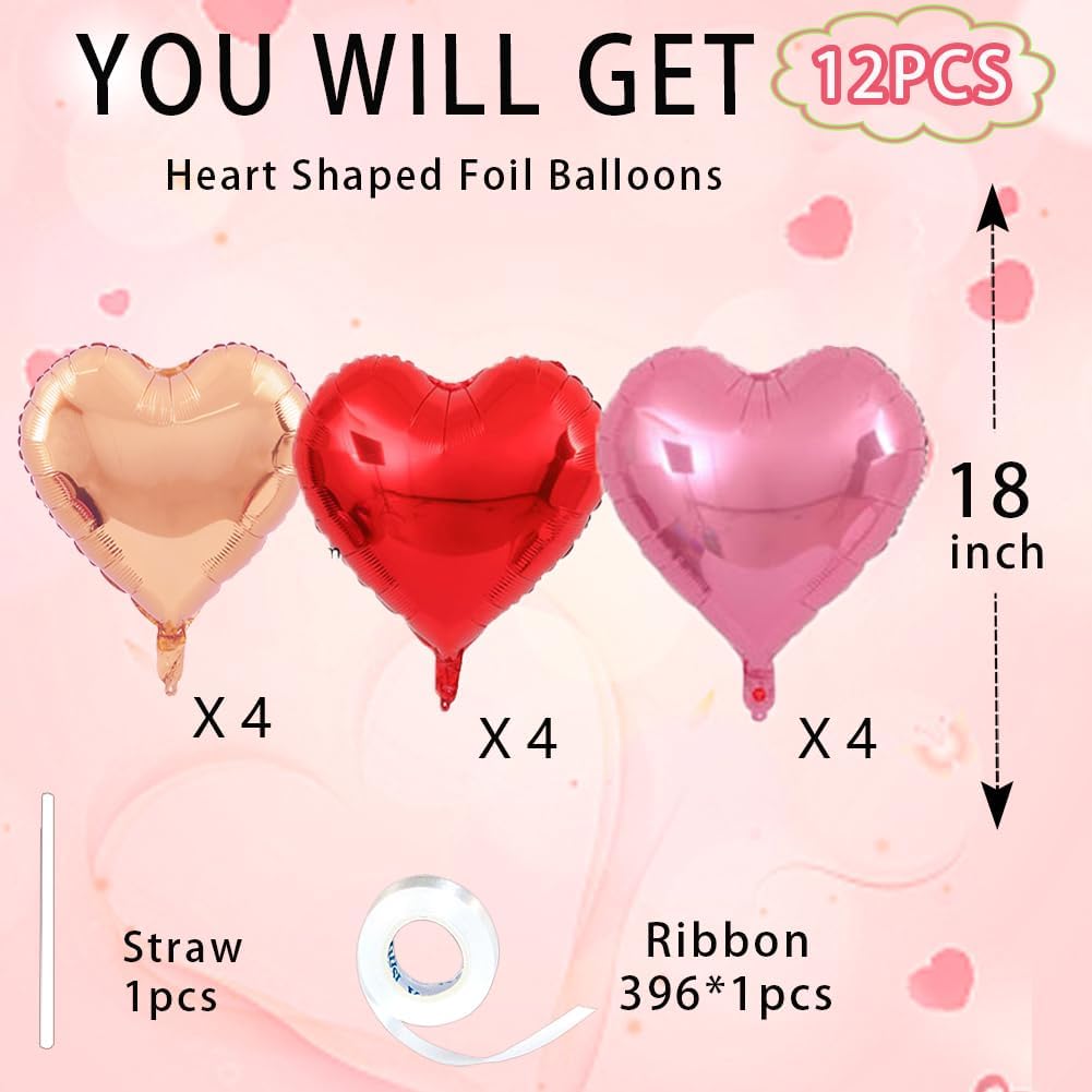 Rose Gold & Red Heart Balloons，18 Inch Light Pink Foil Love Heart Shaped Balloons for Anniversary Wedding Engagement Birthday Party Baby Shower Valentines Decorations(12Pcs)