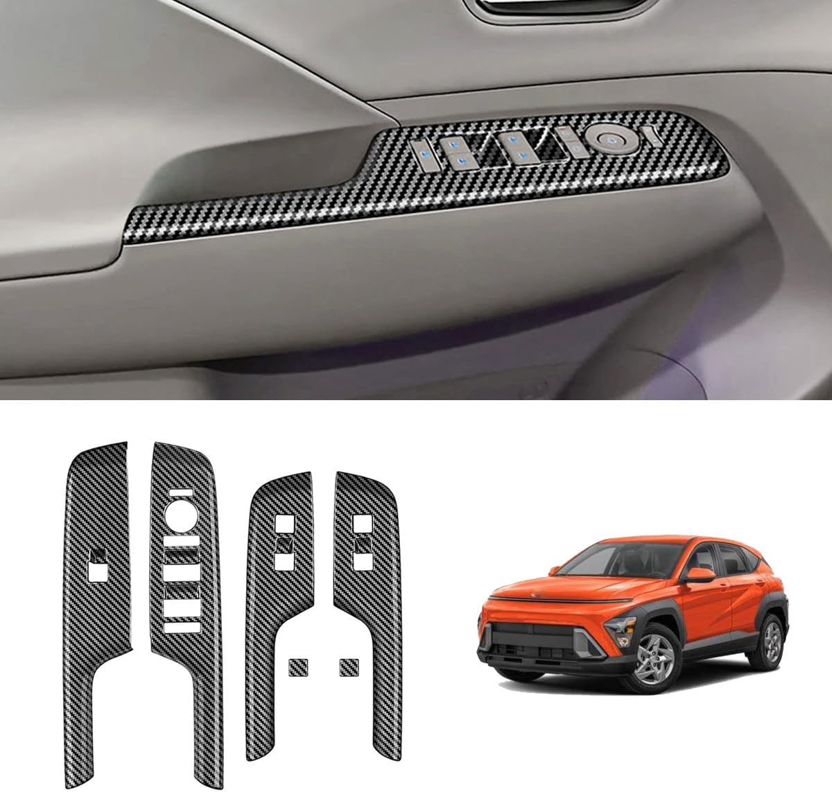 4pcs Carbon Fiber Style Front Rear Doors Window Glass Lift Switch Panel Cover Decorative Sticker Protection Car Interior Accessories for 2024-2025 Hyundai KONA KT21