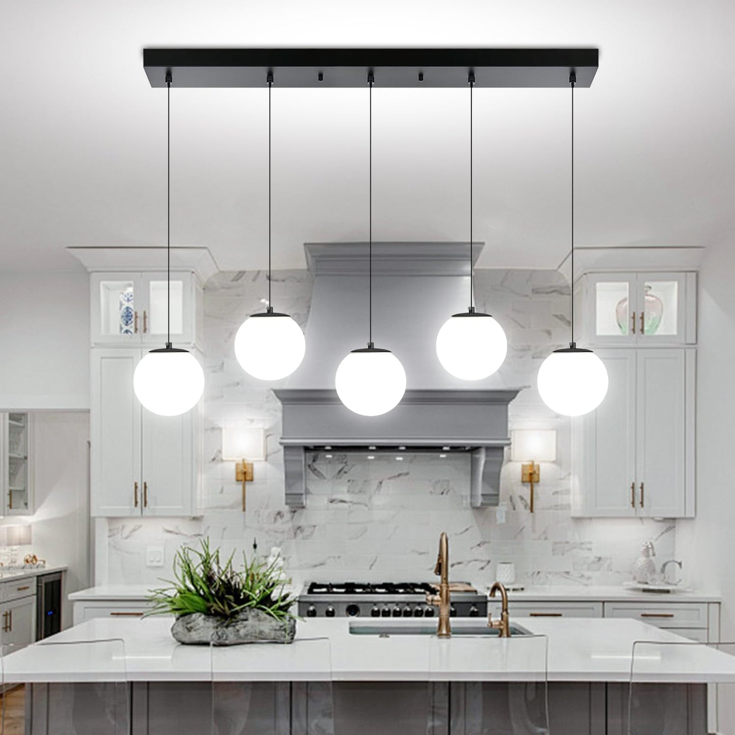 5-Lights Globe Pendant Light for Kitchen Island H 98" Black Rectangle Chandelier Milk White Glass Pendant Lighting for Living Room Bedroom Entryway