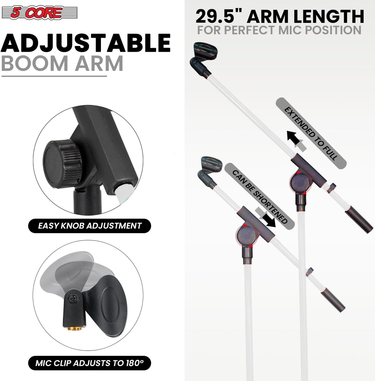 5 Core Tripod Mic Stand Floor Adjustable 18 to 72 Inches Sturdy Boom Arm Holder Microphone Stands Pedestal Para Microfono for Singing - MS 080 WH