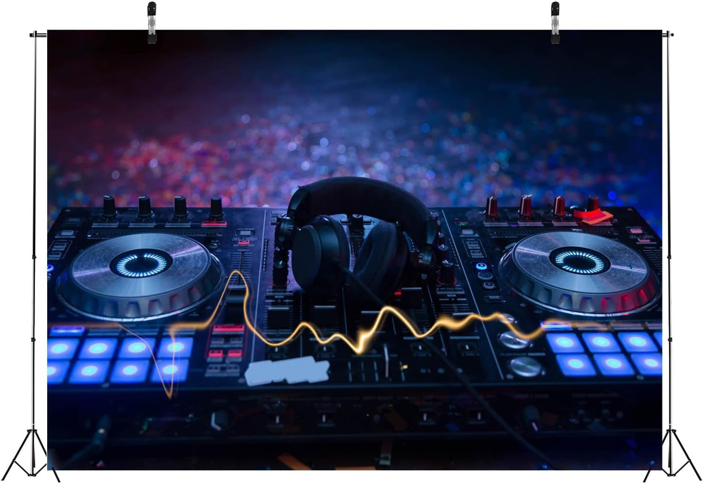 CORFOTO 12x8ft Fabric Dj Mixer with Headphones Backdrop Photography Dj Sound Equipment in Dark Background Musical Dance Disco Party Decorations Live Concert Stage Photoshoot Booth Studio Props