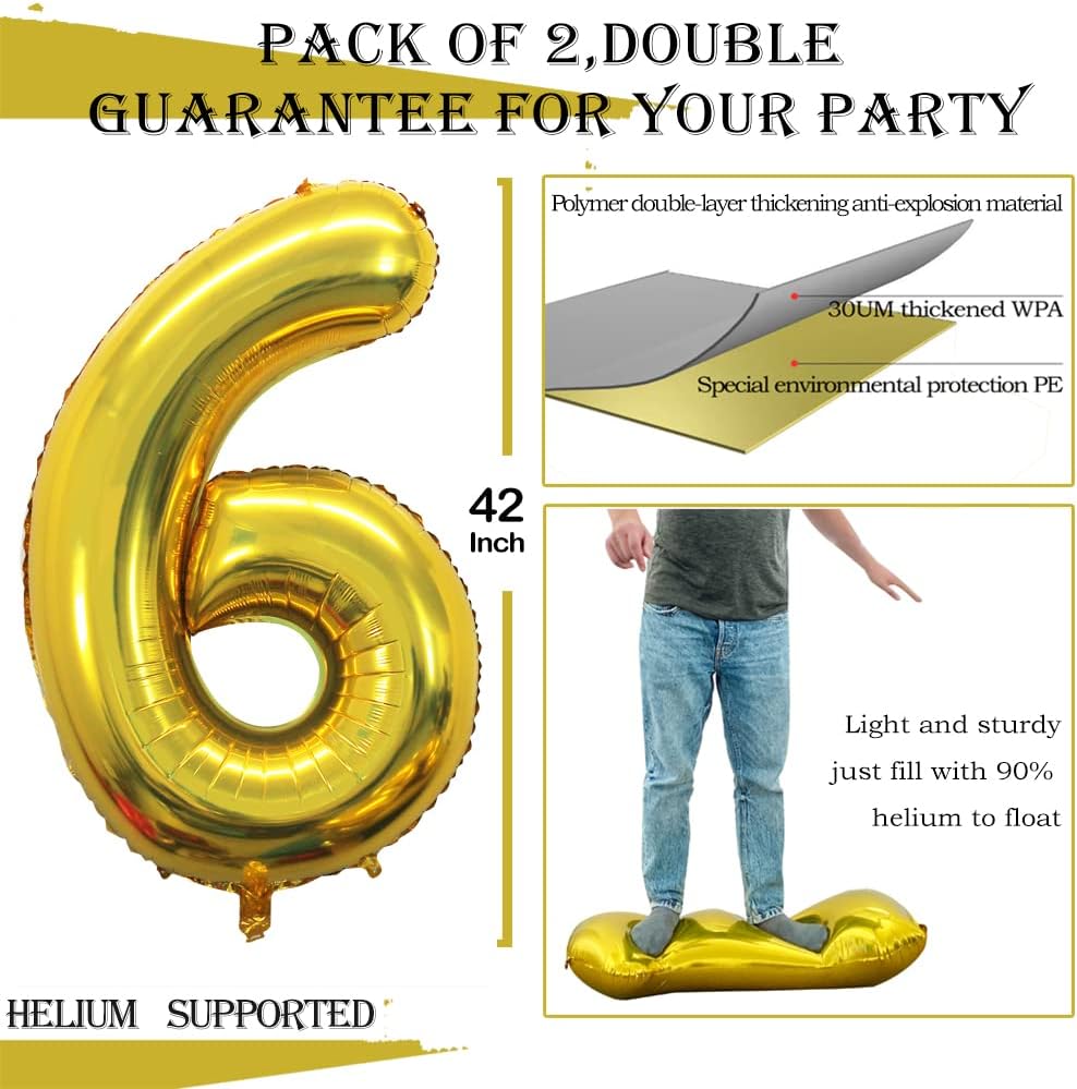 GOER Gold Foil Balloons Number 6,Huge Number Balloons for 6th 66th Birthday Party Supplies Anniversary Decorations (3 pcs,42 inch,32 inch,16inch)