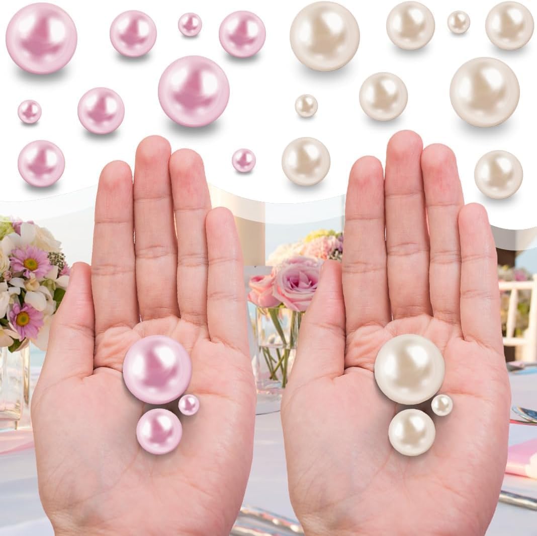 300Pcs Cream&Pink Polished No Hole Faux Pearl Beads for Vase Filling Decorations, Plastic Pearls Vase Fillers, Table Scatters, Wedding Centerpiece, Home Decor, 8/14/20 mm