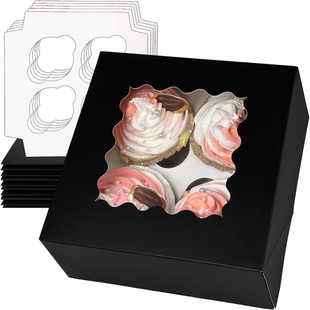 Bakepacker Auto-pop up 4 Cupcake Boxes with Window 20 Count Black Box 6.3 x 6.3 x 3inch Cupcake Carrier