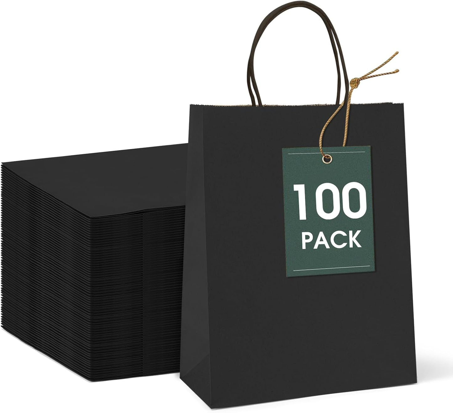 GSSUSA 100 Pack, 8x4.25x10 Black Paper Gift Bags with Handles Bulk for Small Businesses, Grocery & Retail, Birthday Parties, Crafts