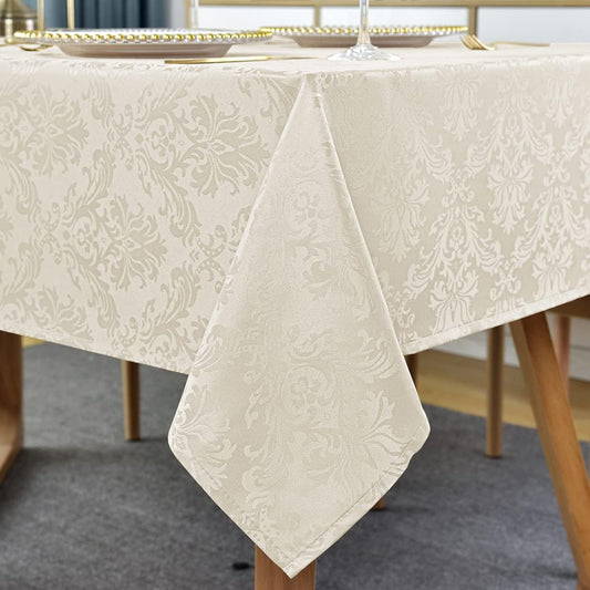 SASTYBALE Jacquard Tablecloth Rectangle 60 x 84 Inch Beige, Waterproof Dust Resistant Damask Table Cloth, Washable Fabric Table Cover for Dining Room, Party, Indoor, Outdoor (Off White, Oblong)