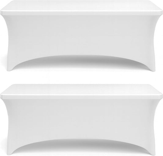 Stretch Spandex Table Covers 8FT, Pack of 2 Fitted Tablecloths for Rectangle Tables, Stretchy Wrinkle Resistant Folding Table Cover, White