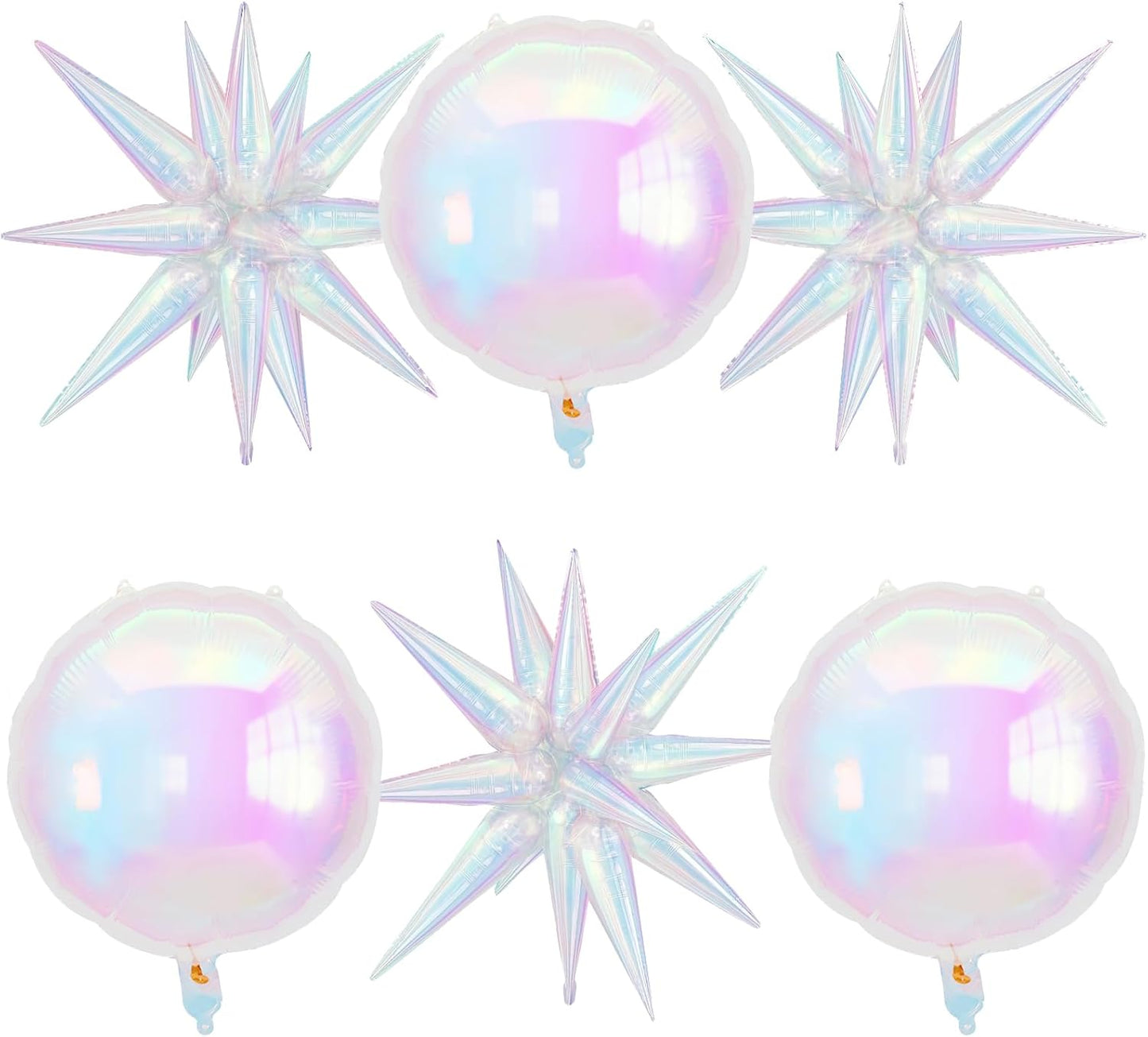 6Pcs Iridescent Foil Balloons, 22in Round Shaped Balloons and Explosion Star Iridescent Balloon, Large Holographic Clear Foil Balloon for Birthday Mermaid Rainbow Wedding Party Supplies