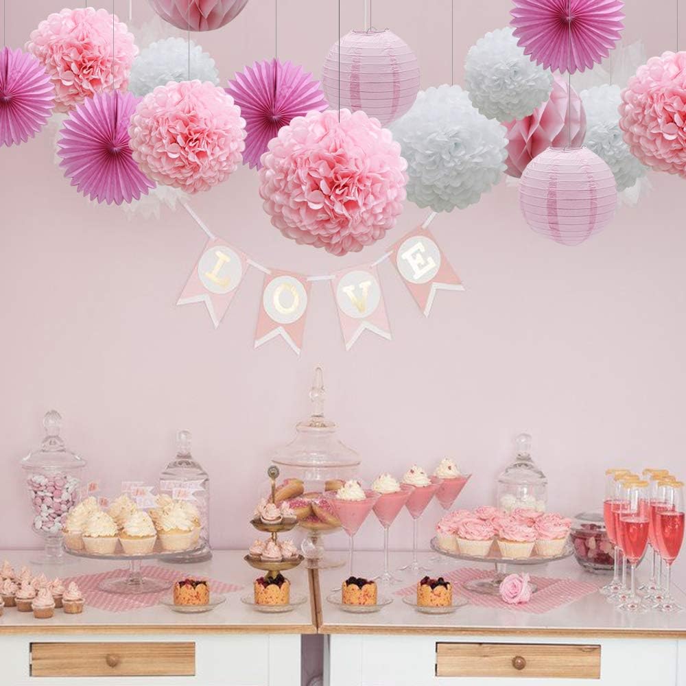 16pcs Pink Party Decorations Paper Pom Poms Honeycomb Balls Lanterns Tissue Fans for Birthday Wedding Baby Shower Graduation Valentine Party Supplies