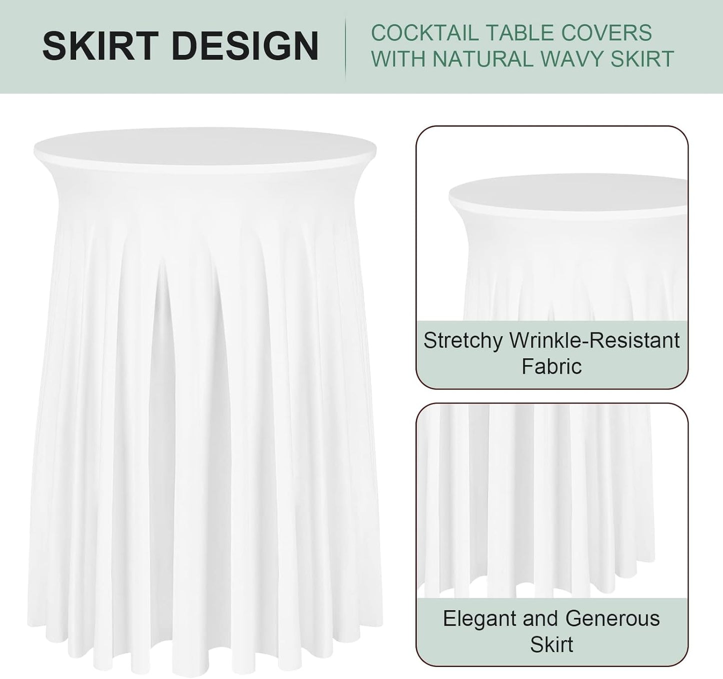 Cocktail Table Covers - 3 Pack 32"x 43" White Cocktail Table Tablecloth with Natural Wavy Round Skirt for Bar Wedding Party Banquet