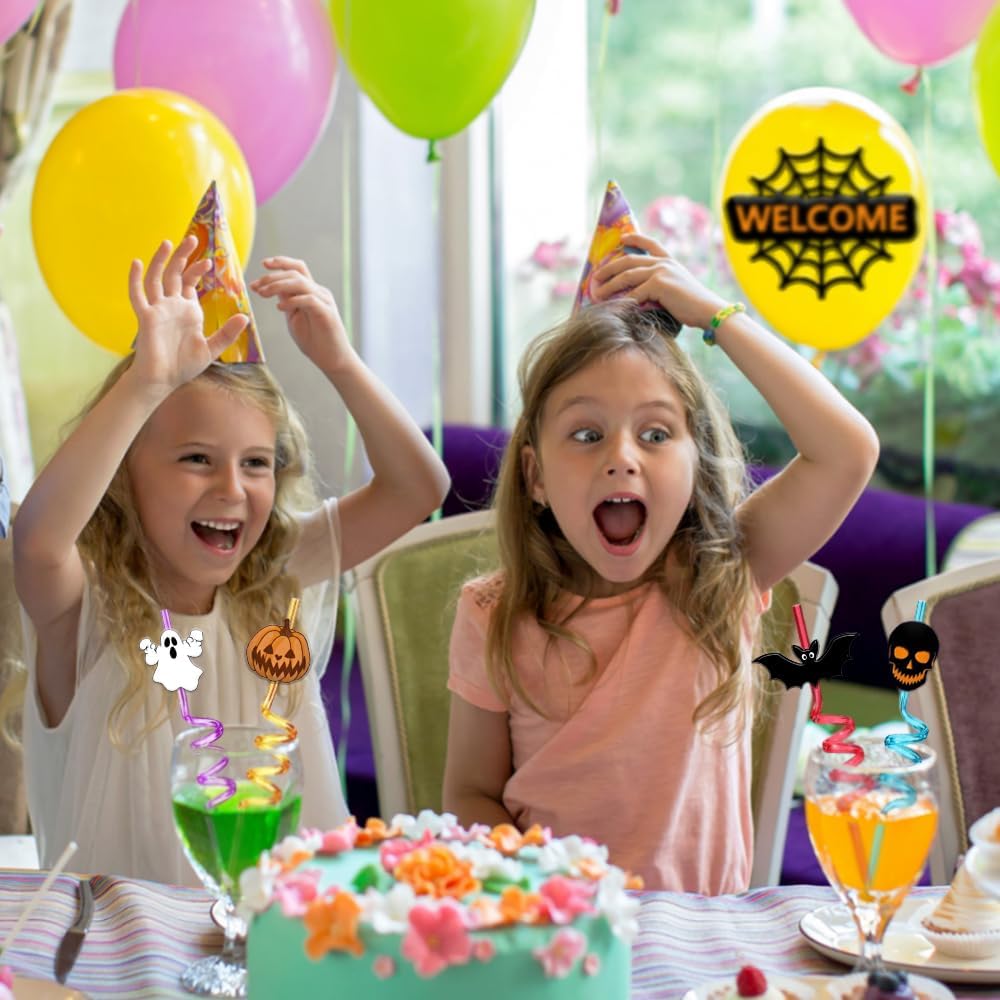 24 Pcs Halloween Party Favors - Reusable Plastic Crazy Straws with Bats, Pumpkin, Witch, Ghost Designs & 2 Cleaning Brushes