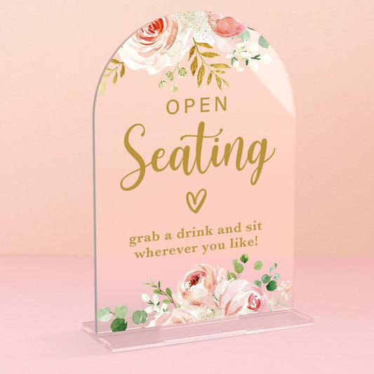 Acrylic Wedding Signs, Bridal Shower Decorations, Open Seating Signs for Reception, Modern Calligraphy Arch Acrylic Table Top Sign for Wedding Reception and Engagement Parties (Clear Pink Flowers)