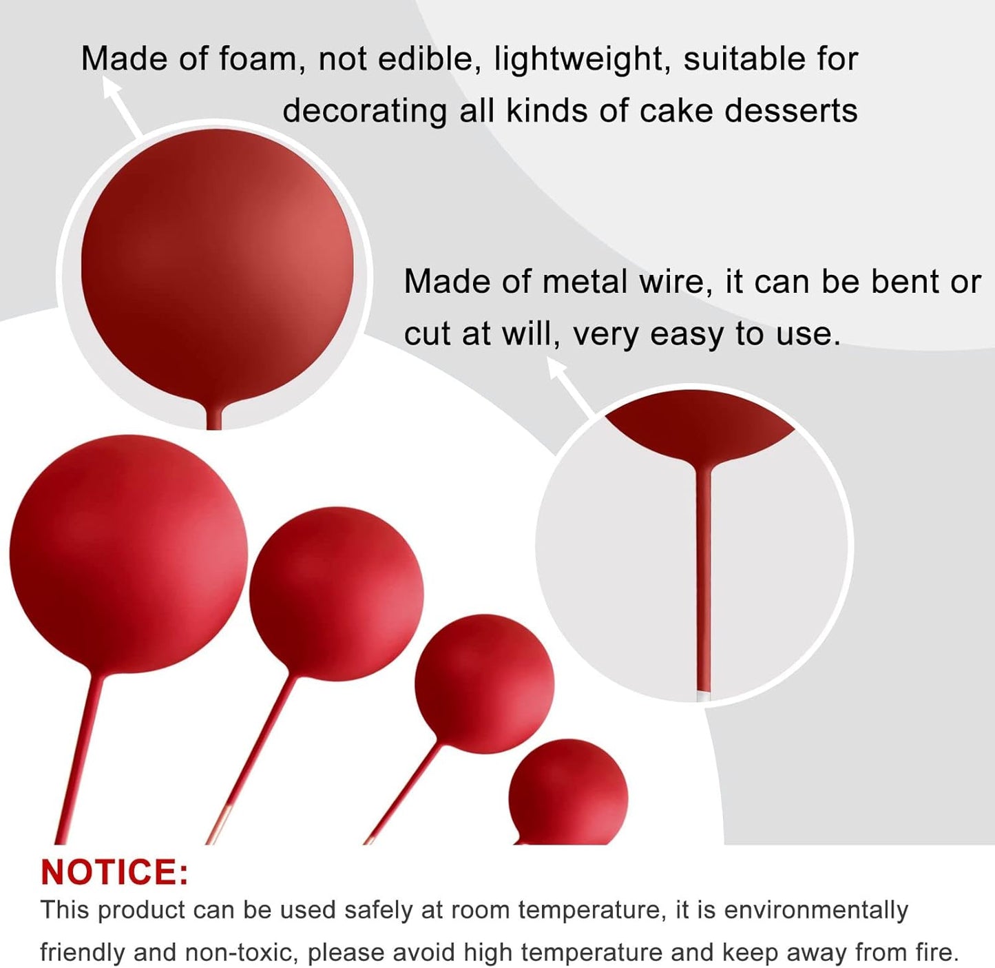 ASTARON 32 Pcs Ball Cake Topper Decorations Mini Balloons Cake Topper Sticks Foam Balls Cake Picks for Graduation Wedding Party Birthday Cake Decorating (Red Black)