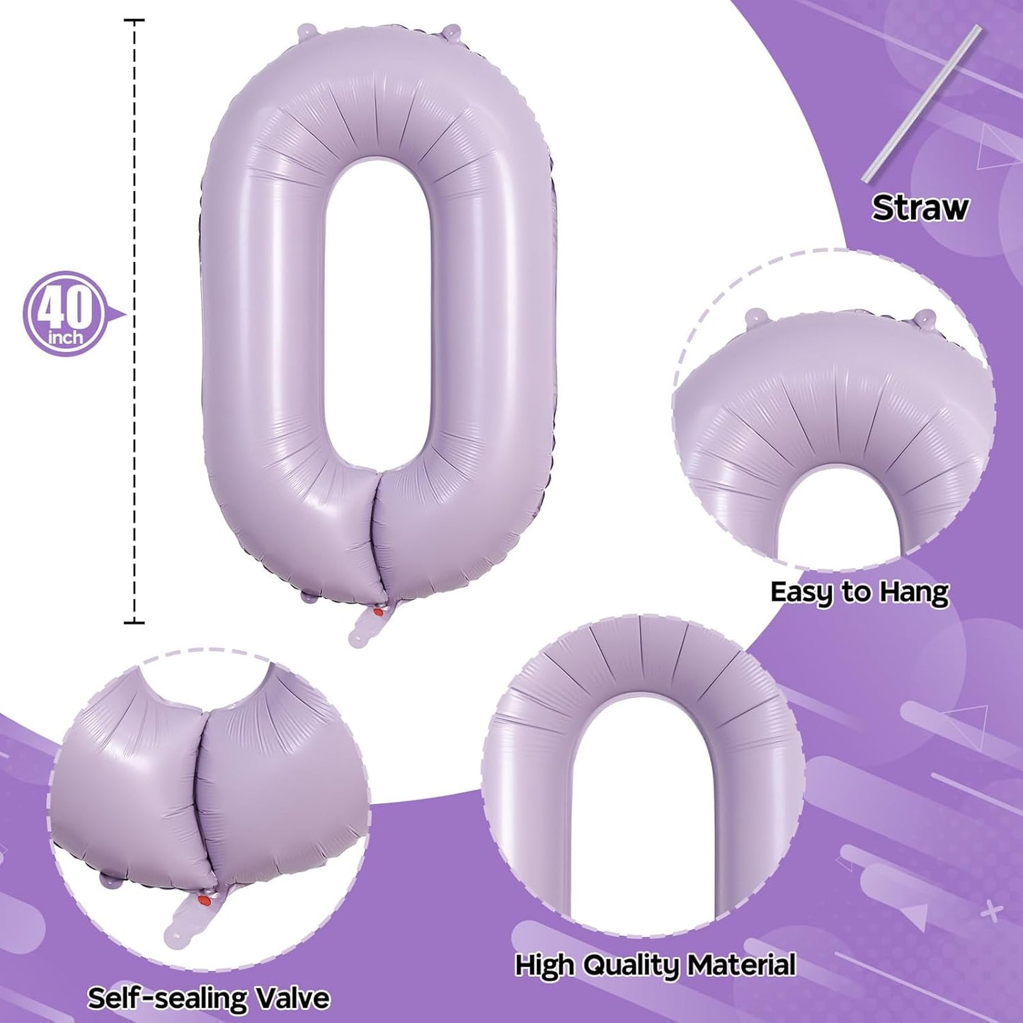 Pastel Purple Number 0 Balloons 40 Inch, Large Lilac Number Balloons 0-9 Set, Light Purple 0 Mylar Foil Balloon Numbers for Girls Women Baby Shower Birthday Graduation Anniversary Party Decorations