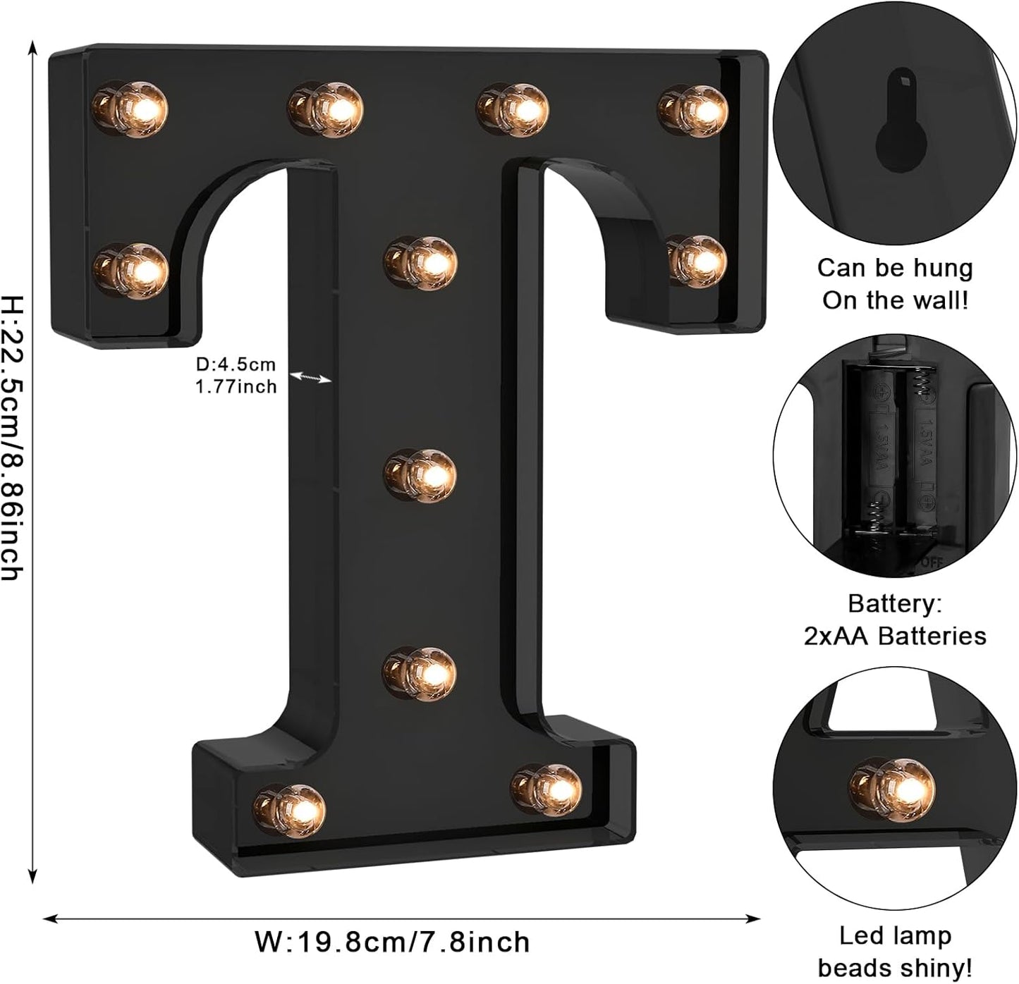 Foaky Black LED Letter Lights for Room Decor - Bedroom Wall Decor, Alphabet Lights for Home, Wedding, Party - Battery Operated （T）