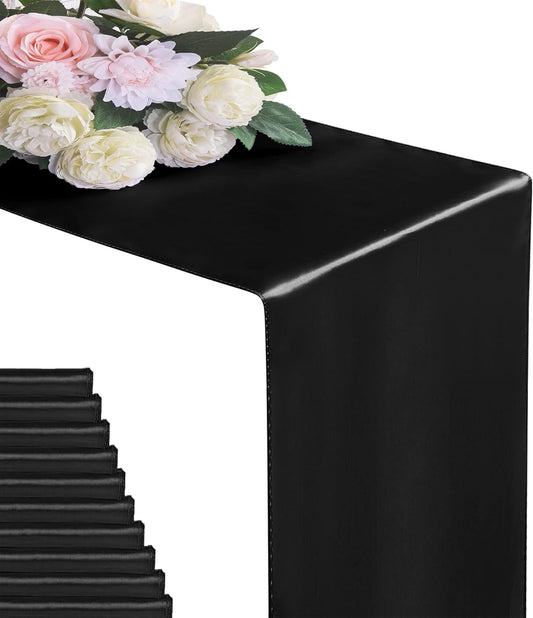 24Pack Table Runner 12 x 108 Inches Satin Silk Table Runner for Wedding, Birthday Party, Banquets, Graduations Decoration, fit Rectange and Round Table-Black