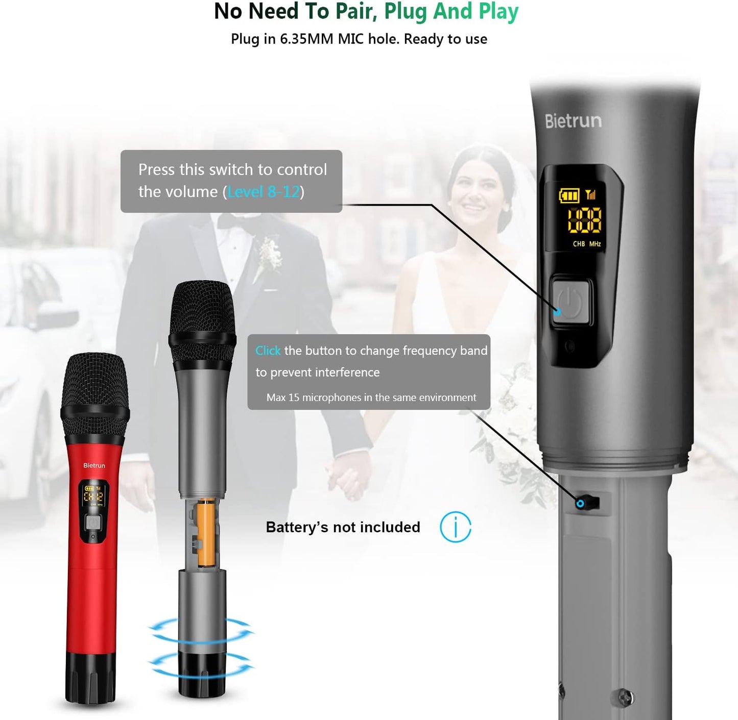 Bietrun Wireless Microphone, Professional UHF Metal Dual Handheld Cordless Dynamic Mic System Set with Rechargeable Receiver, 1/4‘’Output, Plug and Play, Instrument-Wireless-Mics for Karaoke, Wedding