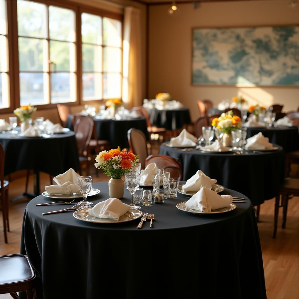 sancua Round Tablecloth - 108 Inch - Water Resistant Spill Proof Washable Polyester Table Cloth Decorative Fabric Table Cover for Dining Tables, Buffet Parties and Camping, Black