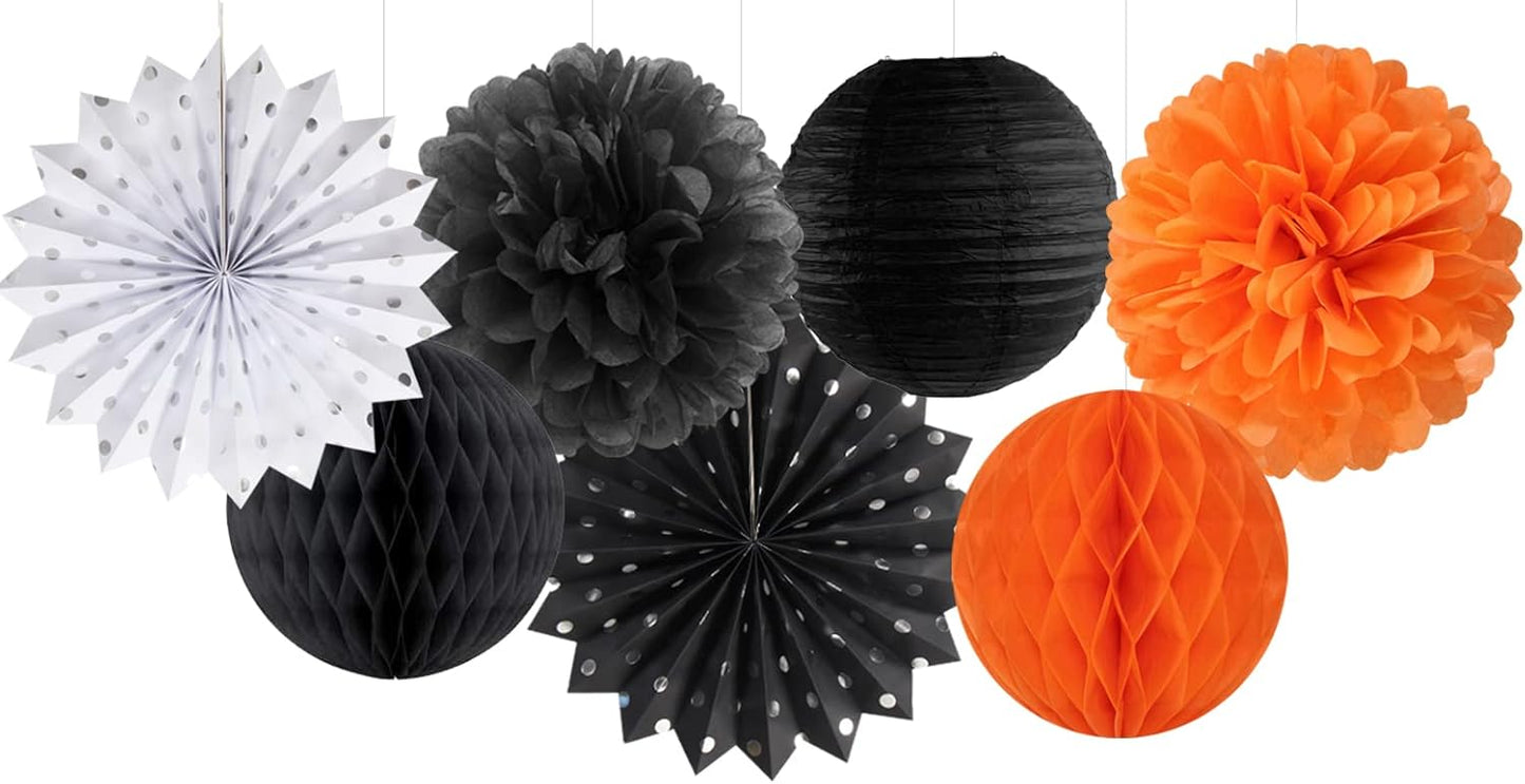 Black Orange White Halloween Party-Decorations - 14pc Kit Paper Lanterns Fan,Tissue Flower Pom Poms Streamers,Honeycomb Balls,Graduation 2024 Birthday Wedding Baby Bridal Shower Decor Lasting Surprise