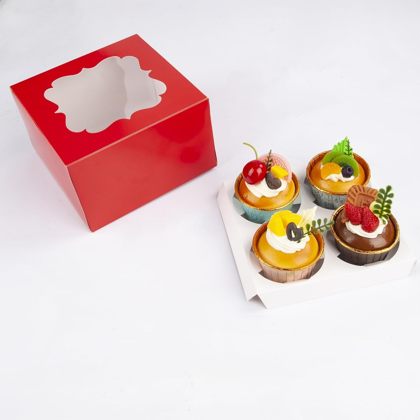 20 PCS 6.5 x 6.5 x 4 inch Paper, Cupcake Boxes with Inserts and Window Hold 4 Cupcakes, Bakery Boxes For Cupcakes Carrier, Cupcake Containers (Red-4 Holes)