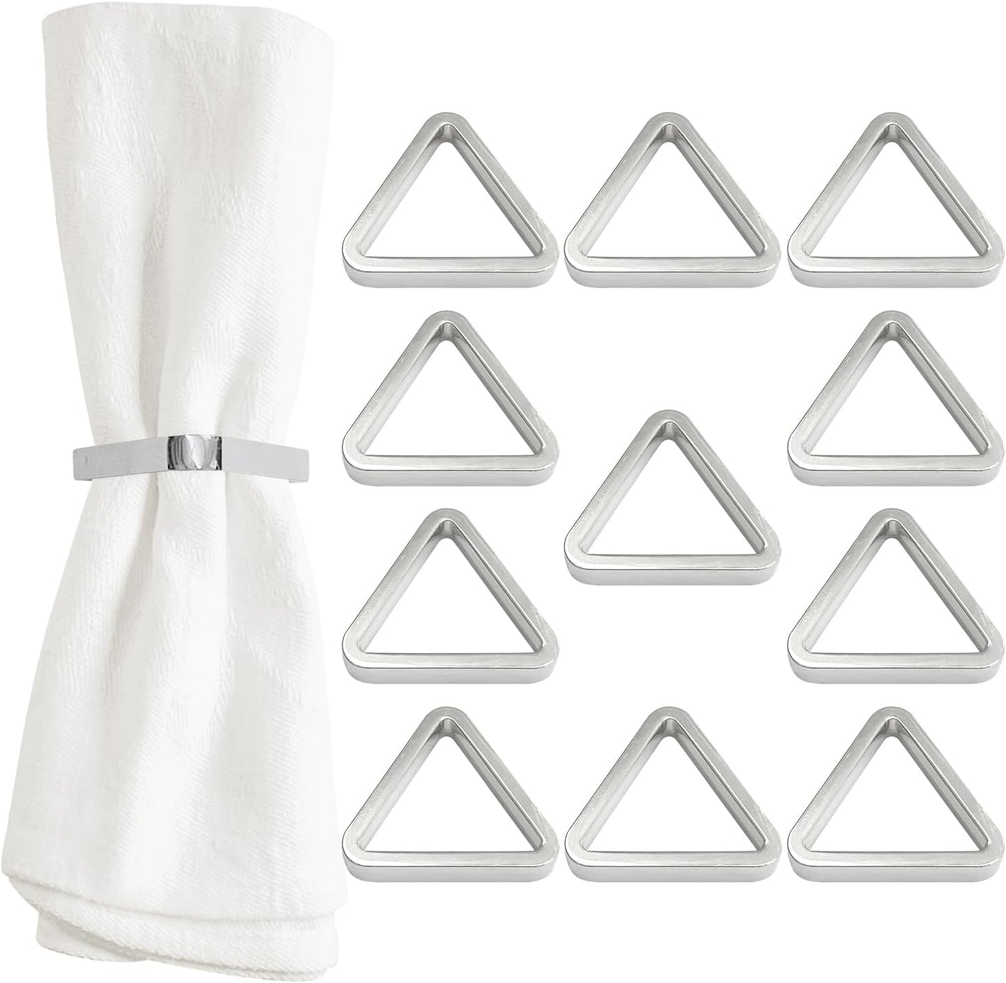 Shiny Silver Napkin Rings Set of 12, Triangle Style, Modern Cuff Design for Wedding Party Decorations, Kitchen, Holiday Table,Rust Proof,Hotel, Home,Iron, Table Accessories for Dining,Gift