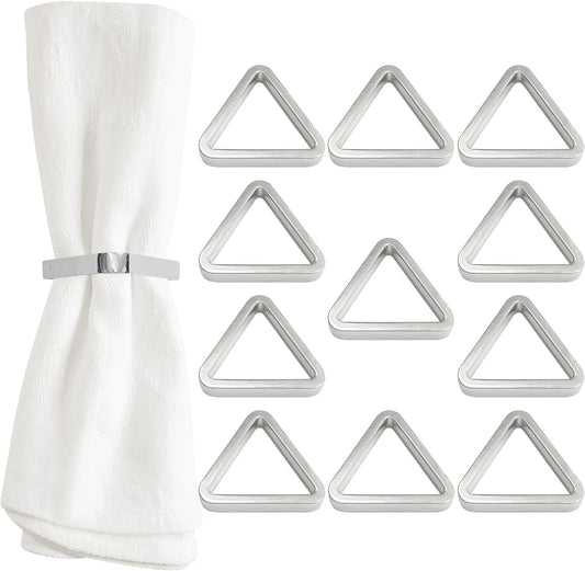 Shiny Silver Napkin Rings Set of 12, Triangle Style, Modern Cuff Design for Wedding Party Decorations, Kitchen, Holiday Table,Rust Proof,Hotel, Home,Iron, Table Accessories for Dining,Gift
