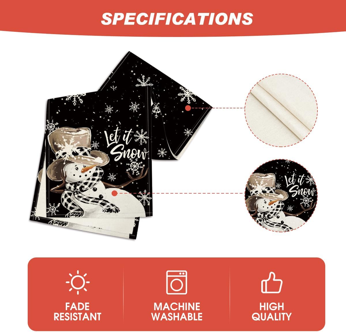 Artoid Mode Black Snowman Snowflake Let it Snow Winter Table Runner, Christmas Kitchen Dining Table Decoration for Home Party Decor 13x120 Inch